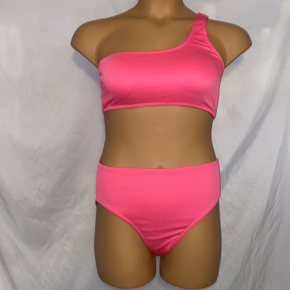 NWT Temp Me Hot Pink Ribbed with padding One Shoulder 2 Piece Bikini swimsuit - Picture 3 of 9